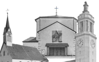 Collage von Bildern der drei Kirchen in Fluntern; Neue und alte Kirche Flutern, St. Martin