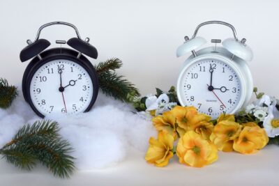 Zwei Uhren. Links steht eine schwarze Uhr. Sie zeigt auf 2 Uhr. Sie steht in weisser Watte und Tannenzapfen. Diese Uhr soll die Winterzeit darstellen. Auf der rechten Seite steht eine weisse Uhr. Sie zeigt auf 3 Uhr. Um diese Uhr herum liegen Frühlingsblumen. Sie stellt die Sommerzeit dar.